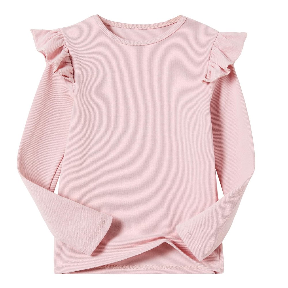 Beganly Girls Long Sleeve T-Shirt Cotton Rib-Knit Tees Toddler Stretch Basic Warm Round Neck Tops with Ruffle Pink 150