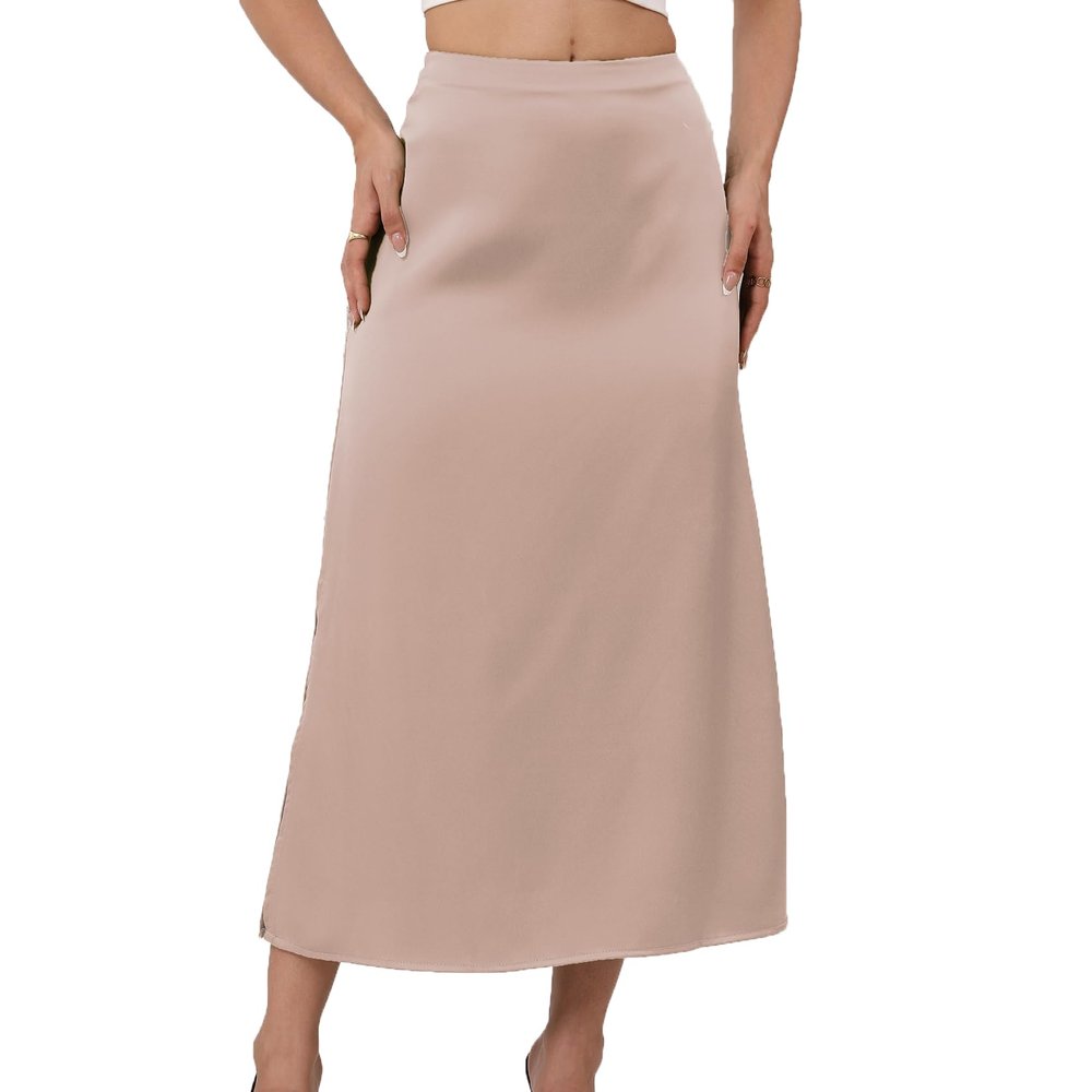 Women's Satin Flowy Maxi Skirt Dressy Elastic High Waisted Silk Slip Ruffle Flared Cocktail Party Work A Line Skirts Champagne