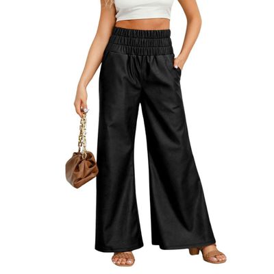 chouyatou Women's Wide Leg Faux Leather Pants Smocked High Waist Pu Leather Palazzo Pants with Pockets (Small, Black)