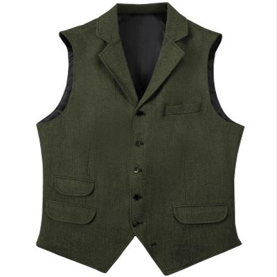 Garqia Clyon Men's Herringbone Wool Suit Vests Slim Fit Waistcoat Notch Lapel Vintage Casual Vest Army Green,L