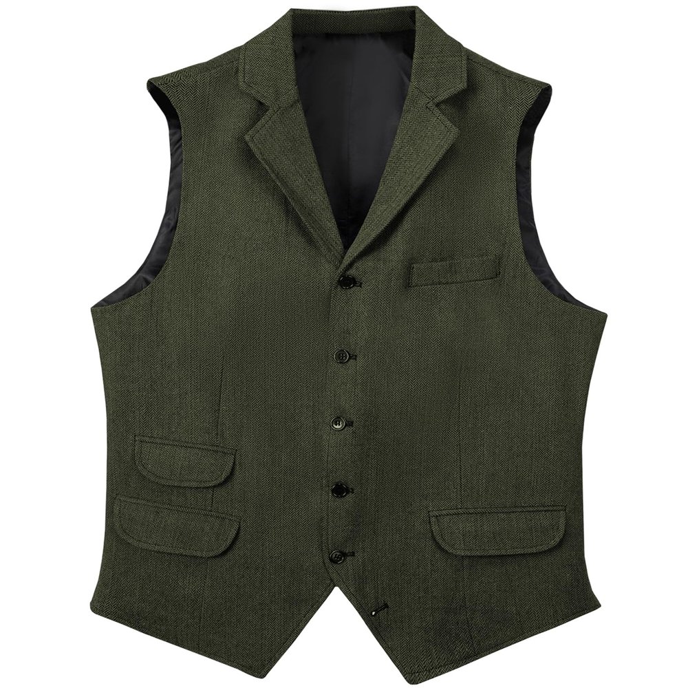 Garqia Clyon Men's Herringbone Wool Suit Vests Slim Fit Waistcoat Notch Lapel Vintage Casual Vest Army Green,L