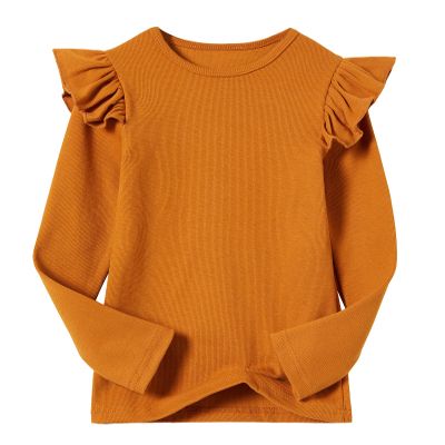 Beganly Girls Long Sleeve T-Shirt Cotton Rib-Knit Tees Toddler Stretch Basic Warm Round Neck Tops with Ruffle Coffee 100