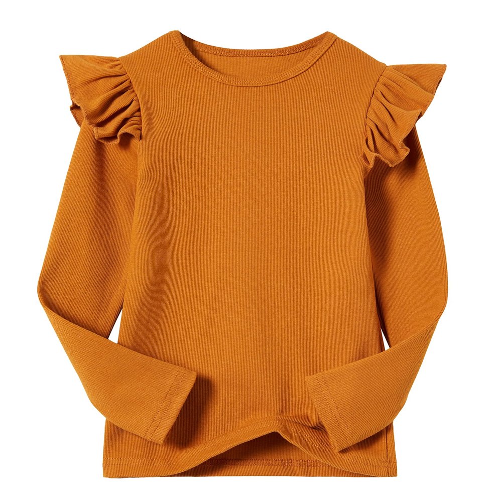 Beganly Girls Long Sleeve T-Shirt Cotton Rib-Knit Tees Toddler Stretch Basic Warm Round Neck Tops with Ruffle Coffee 100