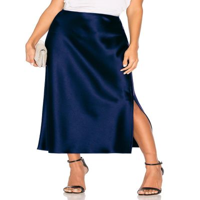 Women's Satin Midi Skirt Dressy Elastic High Waisted Silk Slip Flowy Ruffle Flared Cocktail Party Work A Line Skirts Navy Blue