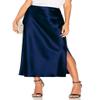 Women's Satin Midi Skirt Dressy Elastic High Waisted Silk Slip Flowy Ruffle Flared Cocktail Party Work A Line Skirts Navy Blue view 1