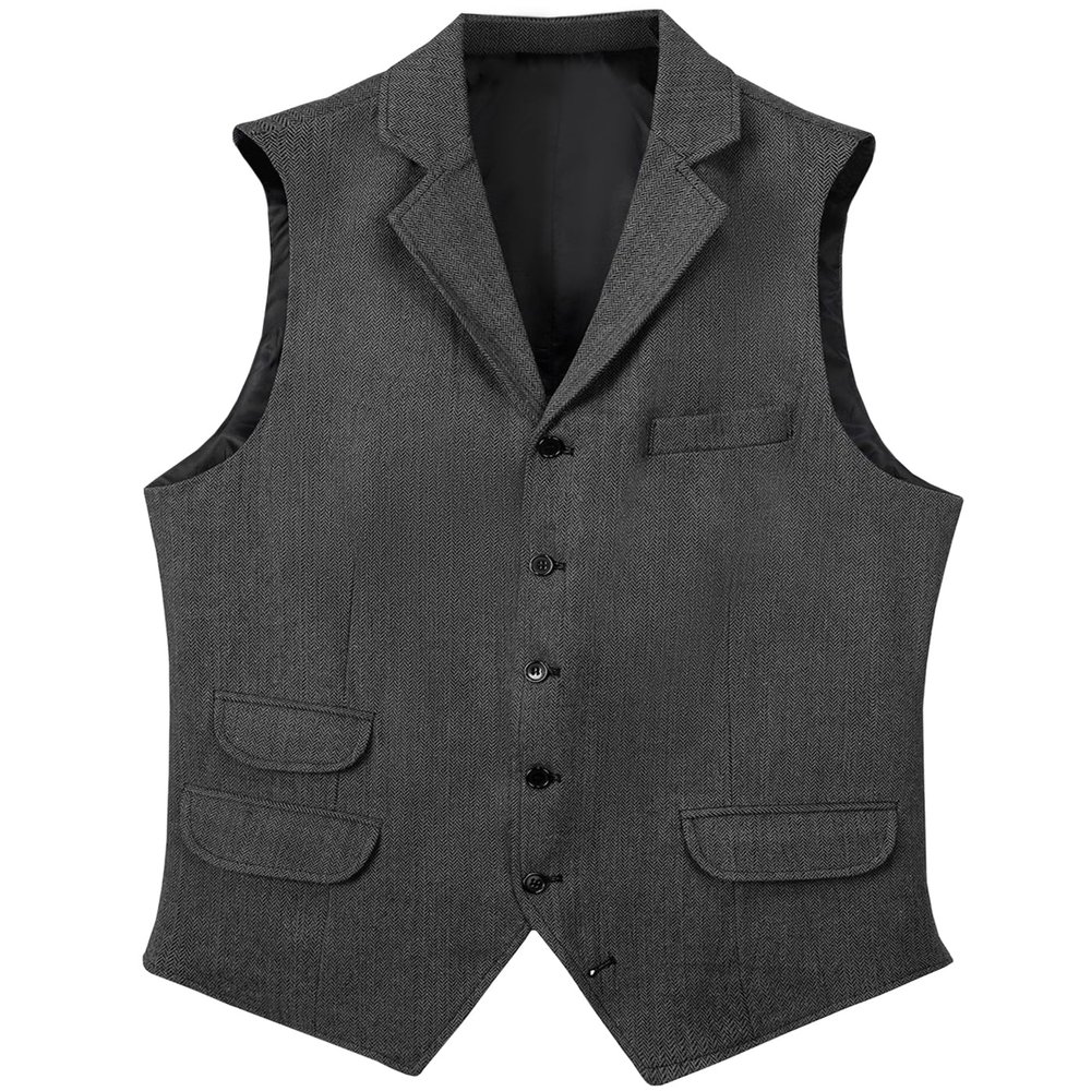 Garqia Clyon Men's Herringbone Wool Suit Vests Slim Fit Waistcoat Notch Lapel Vintage Casual Vest Grey,XS