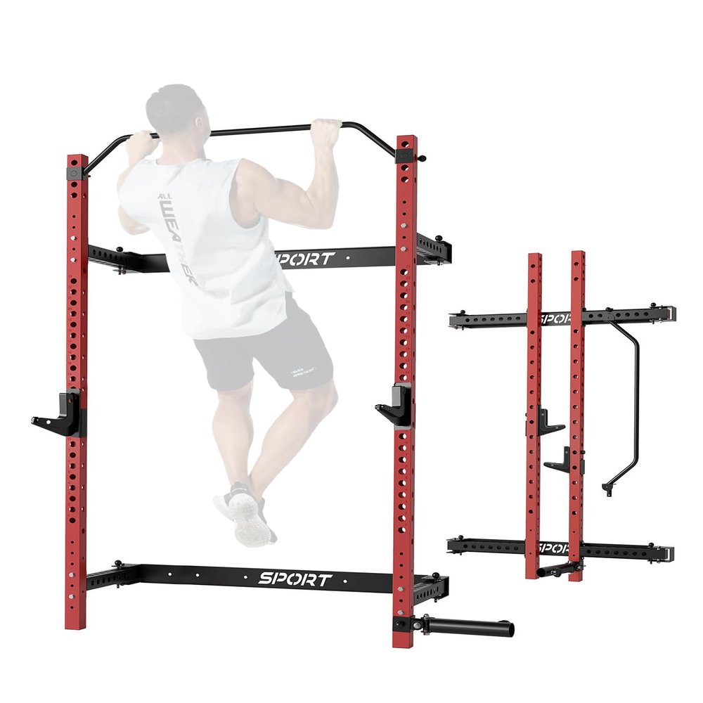 Folding Squat Rack Wall Mounted for Home Gym Garage, 1000 Pounds Capacity, 2.36" x 2.36" Power Rack with Pull Up Bar, J-Hooks and 360 Landmine