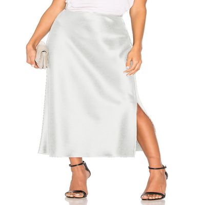 Women's Satin Midi Skirt Dressy Elastic High Waisted Silk Slip Flowy Ruffle Flared Cocktail Party Work A Line Skirts Ivory White