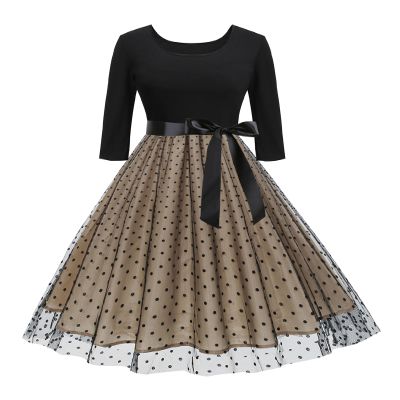 ABEHIK Women Floral Vintage Dress with Belt 3/4 Sleeve Fall Fashion 1950s Retro Embroidery Dresses Casual Formal A-Line Cocktail Wedding Guest Evening Tulle Swing Midi Dress Black Dots XXL