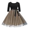 ABEHIK Women Floral Vintage Dress with Belt 3/4 Sleeve Fall Fashion 1950s Retro Embroidery Dresses Casual Formal A-Line Cocktail Wedding Guest Evening Tulle Swing Midi Dress Black Dots XXL view 1