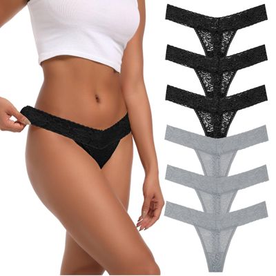 Auithery Thong Panties Women Plus Size Lace Sexy Panties Comfortable Thongs Lace Black Grey Size 2XL Pack 6