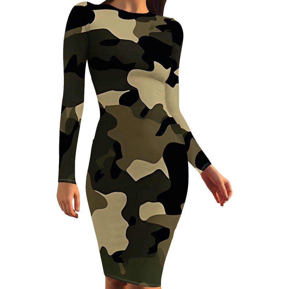 Casual Fall Dresses for Women 2024 Sexy Wrap Long Sleeve Bodycon Sundress Round Neck Camouflage Knee Length Maxi Dress