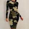 Casual Fall Dresses for Women 2024 Sexy Wrap Long Sleeve Bodycon Sundress Round Neck Camouflage Knee Length Maxi Dress view 2