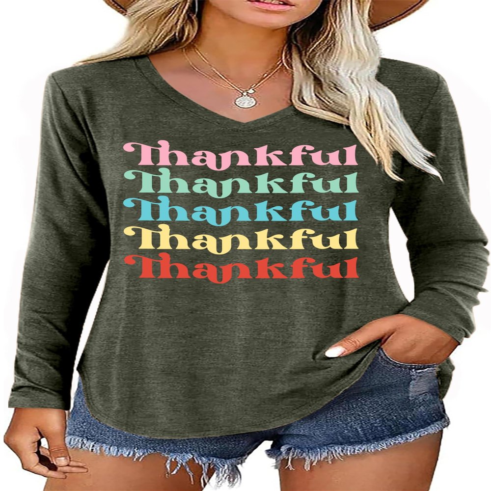 Thanksgiving Shirt for Women V Neck Thankful Graphic Long Sleeve Shirt Fall Casual Loose Blouse Tee TopGreen,Small