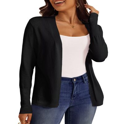 FOLUNSI Womens Casual Draped Open Front Cropped Caridgans Long Sleeve Lightweight Knit Sweater Black, Medium