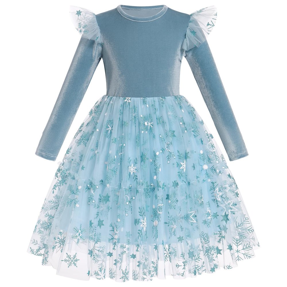 ABEHIK Christmas Dresses for Girls Long Sleeve Velvet Tulle Tutu Dress Toddler Sparkle Star Sequins Princess Dress Fall Winter Birthday Party Outfits Xmas Wedding Special Occasion Dresses Blue 18-24M