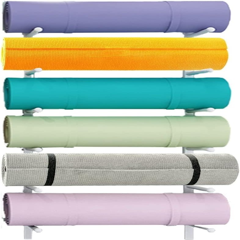 ntumLeap 6-Tier Yoga Mat Organizer Rack Foam Roller Holder Wall Mount, Metal Yoga Mat Shelf for Small Gym Garage, Hardware Included,White