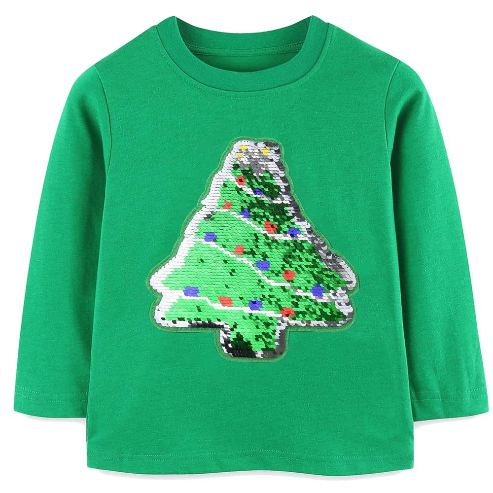 Christmas Shirt for Boy Evergreen Tree Flip Sequins Girls Tops Kids Long Sleeve T-Shirt Tees 7 Years, Green