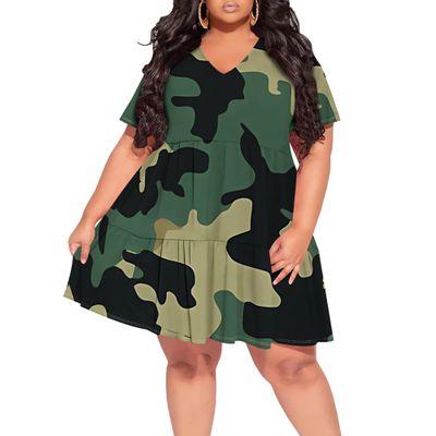 Plus Size Dresses for Curvy Women Casual V-Neck Flowy Loose Wrinkled Sundress Camouflage Knee Length Maxi Dress