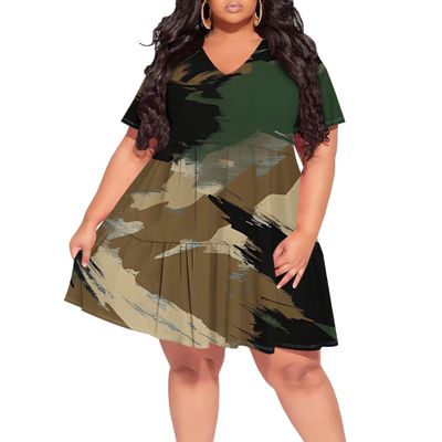 Plus Size Dresses for Curvy Women Casual V-Neck Flowy Loose Wrinkled Sundress Camouflage Knee Length Maxi Dress