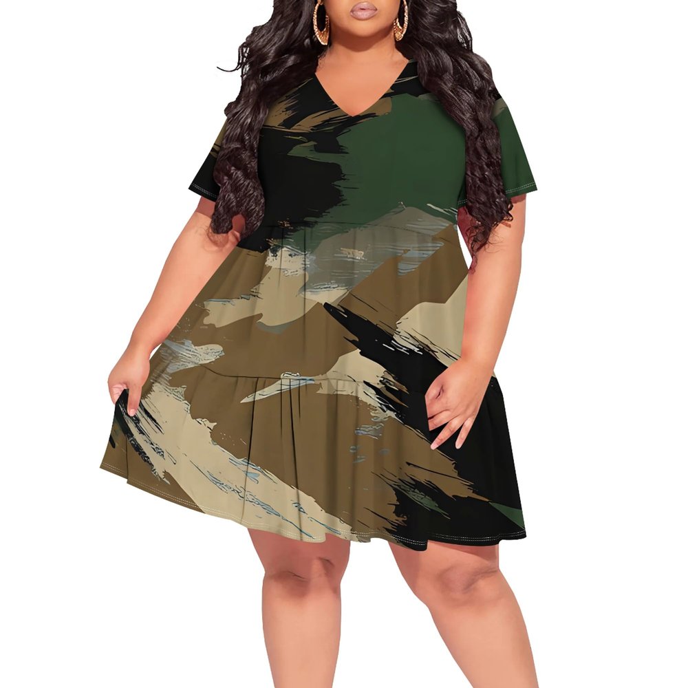 Plus Size Dresses for Curvy Women Casual V-Neck Flowy Loose Wrinkled Sundress Camouflage Knee Length Maxi Dress