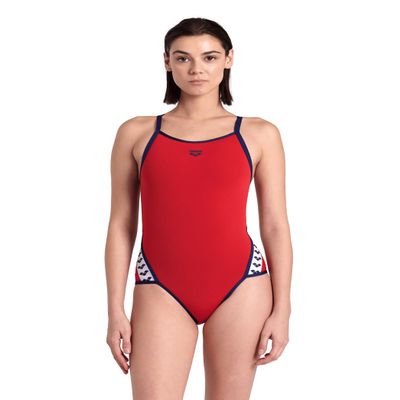 ARENA Women's Icons Solid Sports Swimsuit Super Fly Back Racing Training Competitive Swim Bathing Suit Athletic Swimwear, Red/Navy, US Size 24