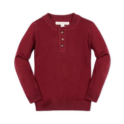 Hope & Henry Boys' Organic Long Sleeve Henley Pullover Sweater with Elbow Patches, XX-Small, Oxblood