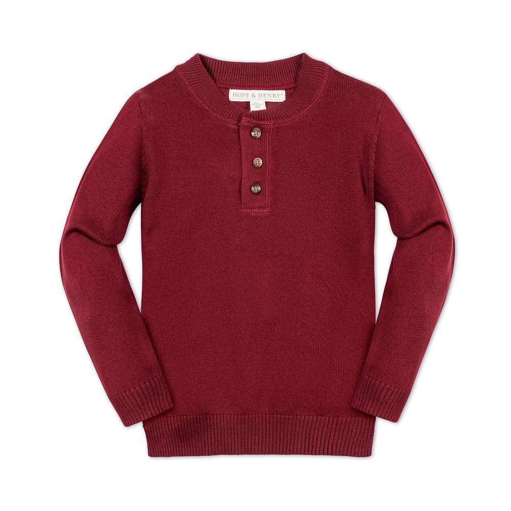Hope & Henry Boys' Organic Long Sleeve Henley Pullover Sweater with Elbow Patches, XX-Small, Oxblood
