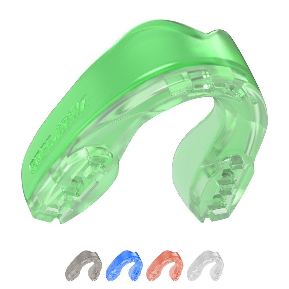 SafeJawz Elements Earth Dual Layer Mouthguard with Case, Adult and Junior Mouth Guard for Boxing, Basketball, Lacrosse, Football, Martial Arts, Hockey and All Contact Sports (Junior <11 Years, Green)