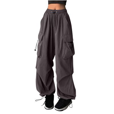 Teen Girls Y2K Cargo Parachute Pants Baggy Wide Leg Casual Track Pants Elastic Waist Lightweight Joggers Hiking Pants Gray