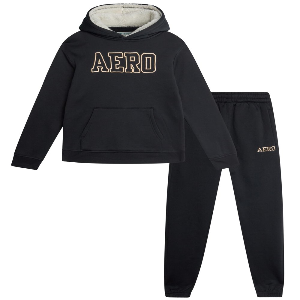 AEROPOSTALE Boys Joggers Set - 2 Piece Warm Sherpa Lined Pullover Hoodie and Jogger Sweatpants for Boys (Sizes: 8-12), Size 10, Black