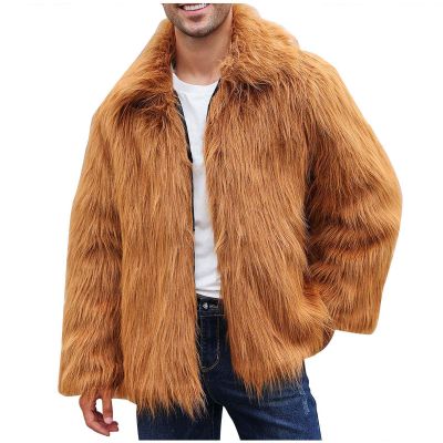 Rkwins Men's Faux Fur Jacket Fuzzy Fleece Open Front Cardigan Big and Tall Fleece Jacket Winter Warm Coats with Pockets Brown