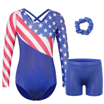 BAOHULU Gymnastics Leotards for Girls Long Sleeve Sparkly Red White Blue Stars Dance Outfit with Matching Shorts Set US_KHB375_US_4A