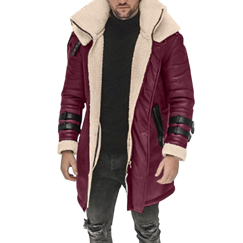 Rkwins Winter Coat for Men Faux Fur Mid Length Coat Big and Tall Overcoat Winter Warm Jacket Fleece Lined Cardigan Red