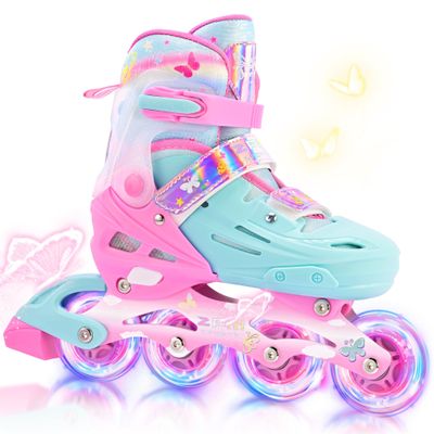 2PM SPORTS Girls Inline Skates for Kids Ages 5-8 8-12 3-5 4-6 6-12, Adjustable Kids Blades Roller Skates for Girl Women Beginner Youth Outdoor Indoor Size 11C 1 2 3 4 5 6 7 8 Pink Green Butterfly