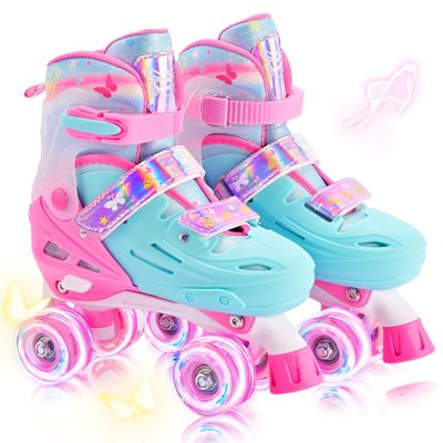 2PM SPORTS Adjustable Roller Skates for Girls Kids Ages 3-5 4-7 5-8 6-12 8-12 with Light Up Wheels, Outdoor Indoor Rollerskates for Kids Beginner Toddler Little Girl Youth Pink Green Butterfly