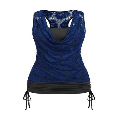 ROSE GAL Women's Plus Size V Neck Tank Lace Vest Shirt Sleeveless Summer Casual Round Neck Slim Hollow Shirt Casual Sleeveless Summer Tops(Blue/1X)