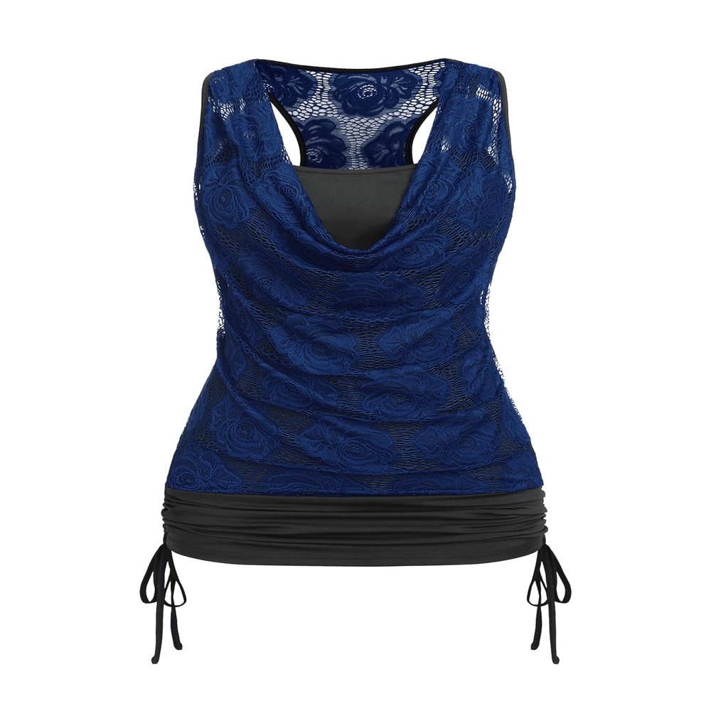 ROSE GAL Women's Plus Size V Neck Tank Lace Vest Shirt Sleeveless Summer Casual Round Neck Slim Hollow Shirt Casual Sleeveless Summer Tops(Blue/1X)