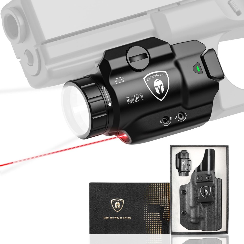 WARRIORLAND MB1 Pistol Light and Holster Combo, Fit for Glock 20/21/22/23 Gen 3-5 & Glock 34 Gen 4, Compact 500-Lumen Rail Mounted Tactical Weapon Light with Red Laser & White LED, Power Indicator