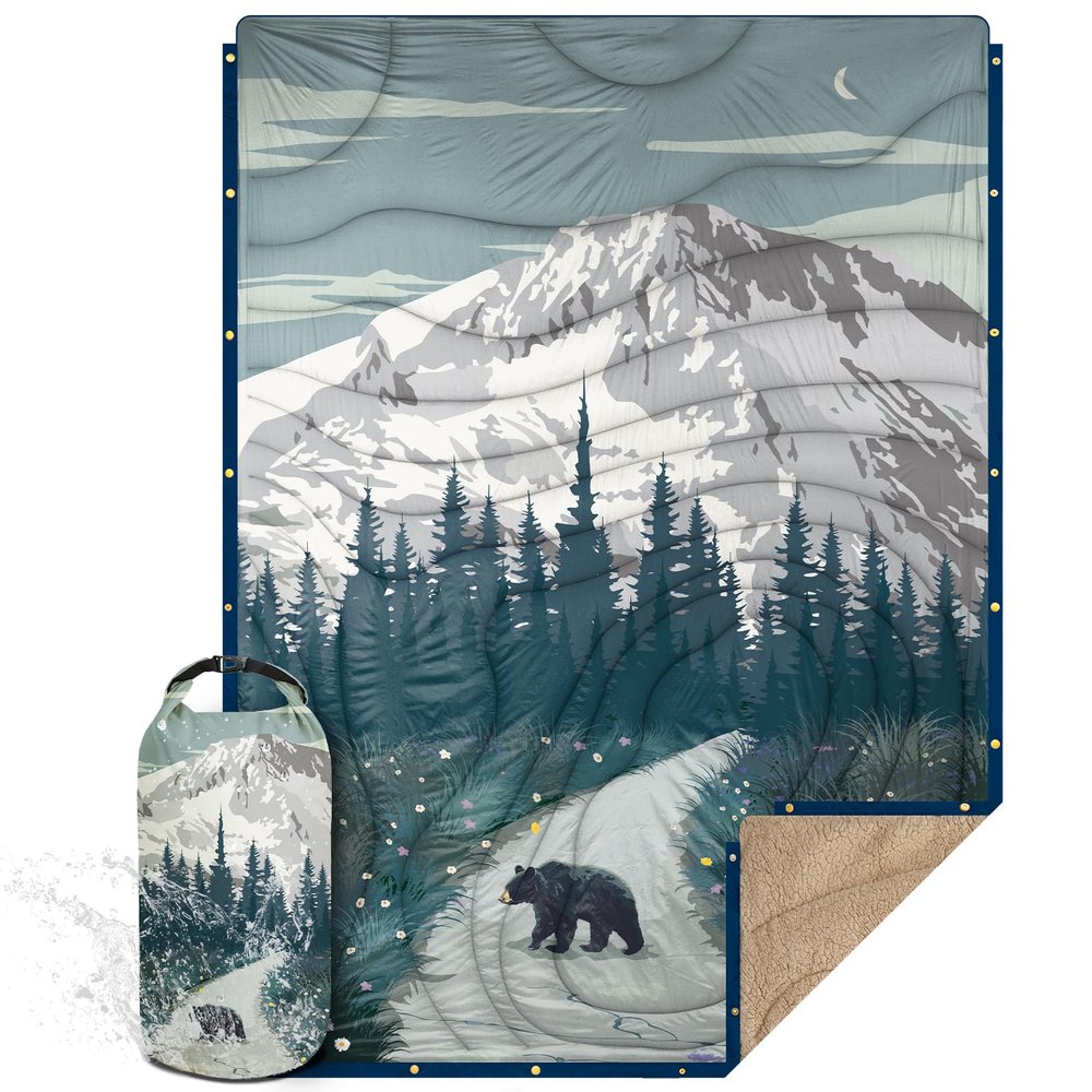 KawaGebo Kamp Outdoor Camping Blanket with Sherpa Lining, Extra Warm Thick Camp Blankets and Puffy Ultralight Soft Poncho DWR Camping Quilt for Cold Weather, Adventure, Sleeping, Backpacking 78"x 56"