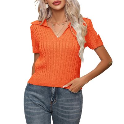 Abborora Women Winter Sweater V Neck Short Sleeve Slim Fit Knit Pullover Fall Blouse Tops (Small,Orange)