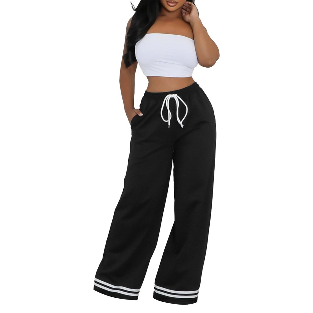 PUXOBYKU Women's Wide Leg Sweatpants High Waisted Baggy Flared Pants Casual Drawstring Joggers with Pockets (Black,S)