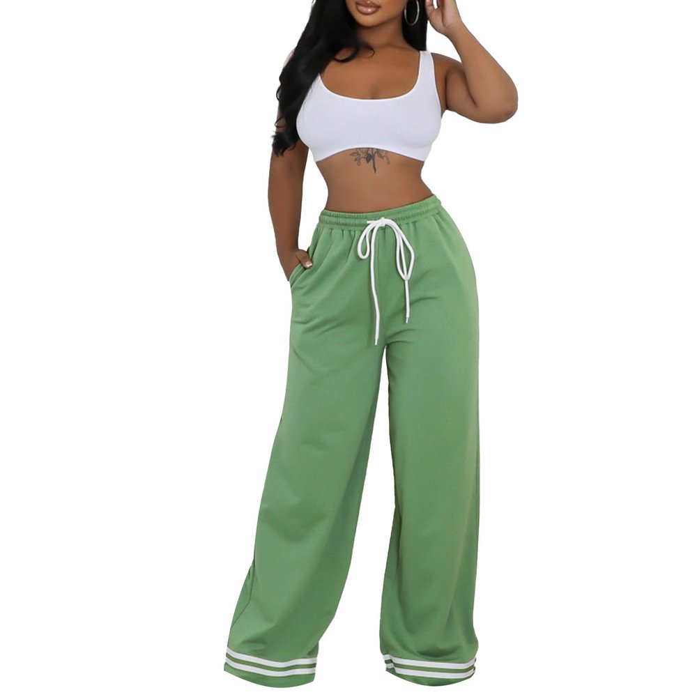 PUXOBYKU Women's Wide Leg Sweatpants High Waisted Baggy Flared Pants Casual Drawstring Joggers with Pockets (Green,M)