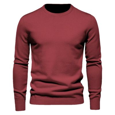 BoShiNuo Winter Thickness Pullover Men O-Neck Solid Color Long Sleeve Warm Slim Sweaters Men's Sweater Male Clothing Wine red XS