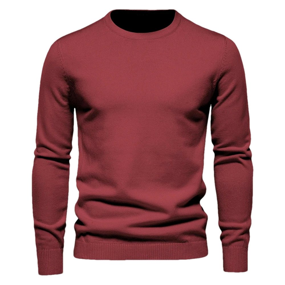 BoShiNuo Winter Thickness Pullover Men O-Neck Solid Color Long Sleeve Warm Slim Sweaters Men's Sweater Male Clothing Wine red XS