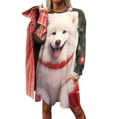 Christmas Samoyed Dog Womens Long Sleeve Shirts Crew Neck Casual Tshirts Fashion Lightweight Tops Outfits Clothes 2XS