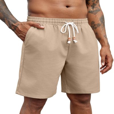COOFANDY Linen Shorts for Men Casual Lightweight Elastic Waist Drawstring Summer Vacation Beach Shorts, Khaki, M