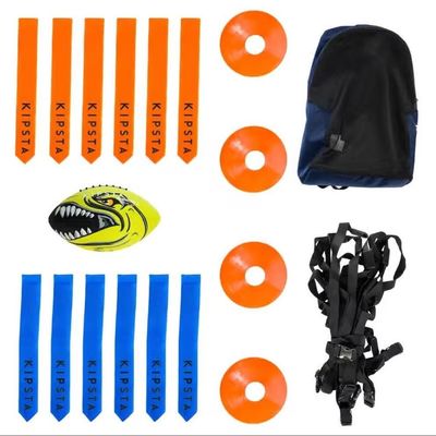 Flag Football Set with Carrying book Bag, 4 Orange Cones, 1 Football, 12 belts, 24 Flags (12 Blue, 12 Orange)
