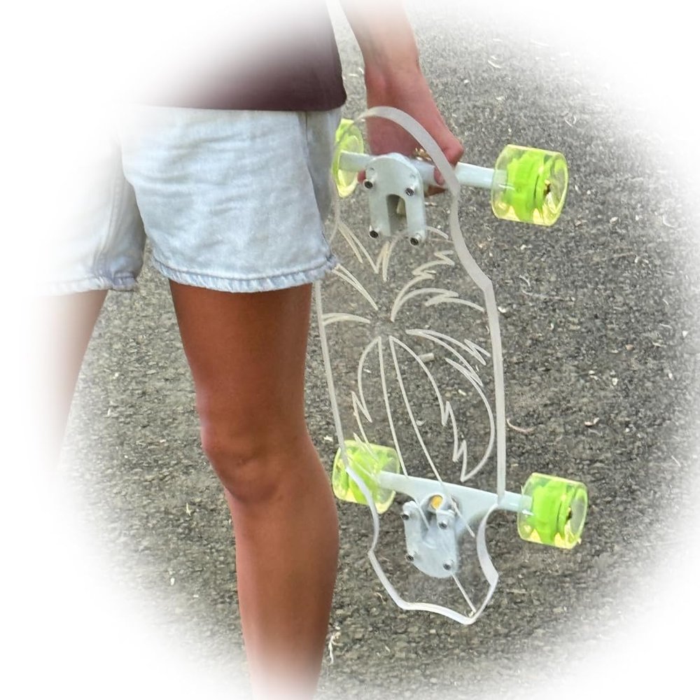 24'' Penny Ghost Board- Acrylic Penny Longboard with LED Wheels for a Smooth Ride- Travel-Size Clear Skateboard Offers Easy Control & Style- Cruise Freely with Skateboard for All Ages- Palmtree