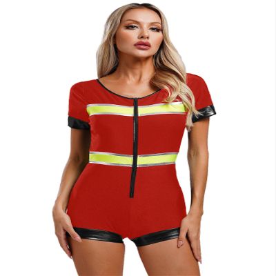 winying Womens Halloween Firefighter Leotard Rompers One Piece Jumpsuit Firemen Cosplay Costume Red XX-Large